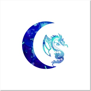 Blue Crescent Moon and Dragon Posters and Art